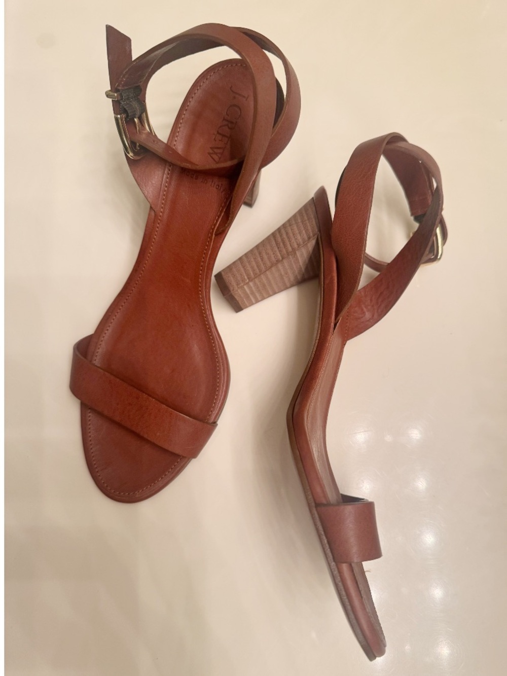 J. Crew Brown Leather Ankle-Strap Block Heel Sandals Size 8